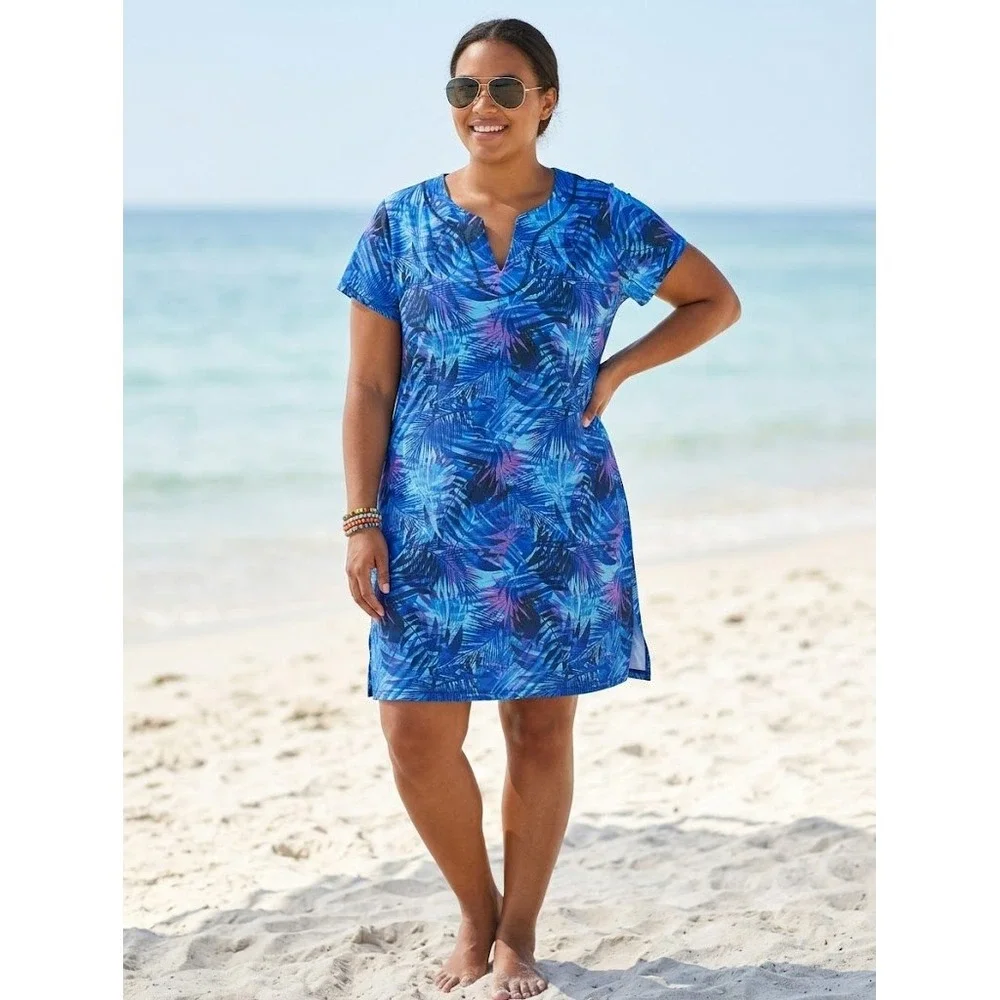 Swimsuits For All Swim Cover Blue Tropical Palm Print Tunic Top Dress W26